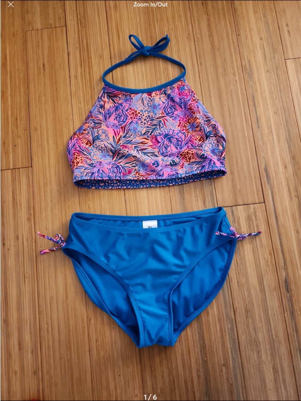 Art Class Girls Reversible Top Bikini Swim Set Size XL 14/16 blue pink
